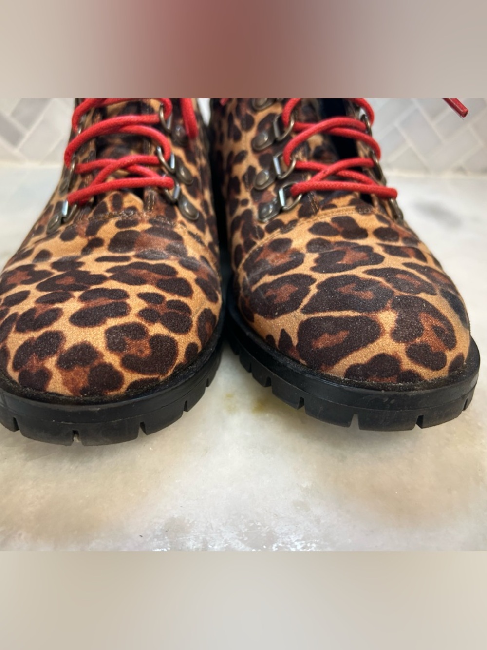 SO Leopard Print Lace-Up Women's Combat Boots with Red Laces 9.5 - Picture 6 of 9